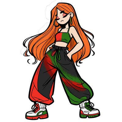 girl in baggy pants crop top and long hair