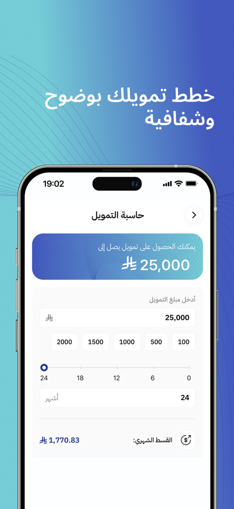 Sanad Finance mobile app interface showing a loan calculator with monthly installment options