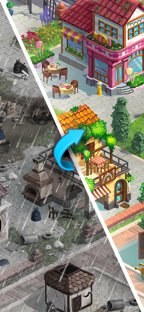 Before and after view of a storm ravaged town being restored into a colorful sunny neighborhood in Travel Town Merge Adventure.