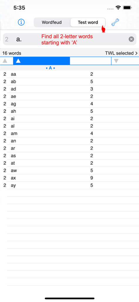 Words Finder Wordfeud/TWL - Words Finder app interface showing a list of two-letter words starting with A for word games