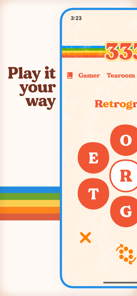 Retrogram - Retrogram mobile app interface showing a 1970s inspired word puzzle game with a colorful retro aesthetic.
