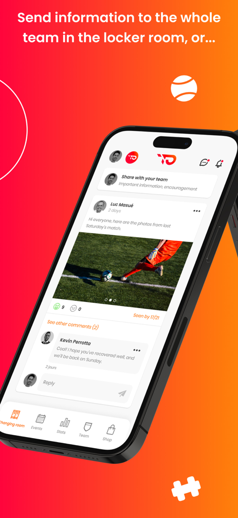 TeamPulse - Team management - TeamPulse app interface showing the locker room social feed with a photo post and team member comments