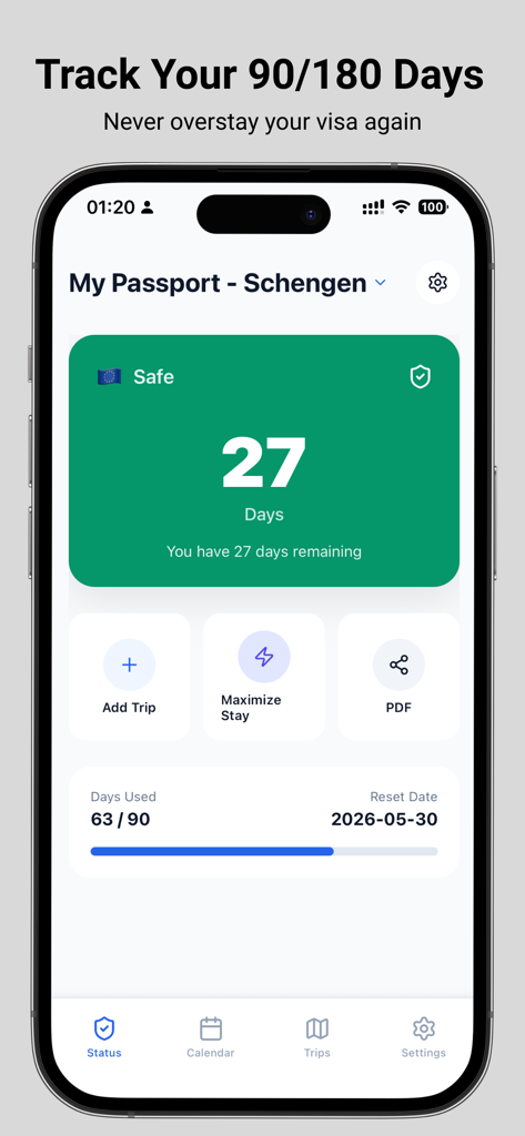 Schengen 90: Visa Calculator - Panel de la aplicación Schengen 90 mostrando los días de visa restantes y el estado del viaje