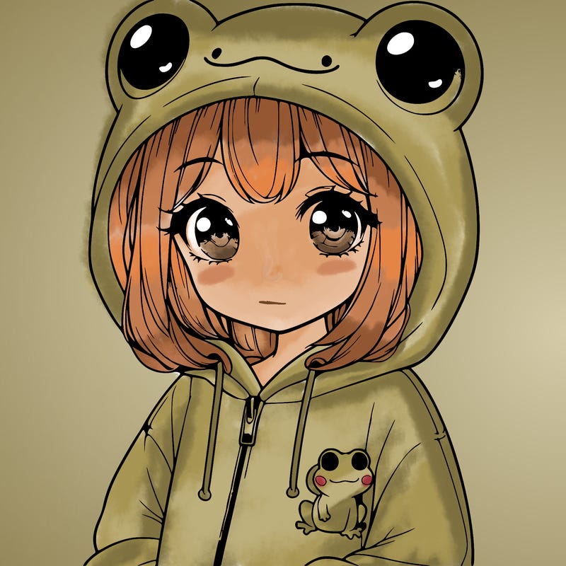 cute realistic girl in a froggy hoodie