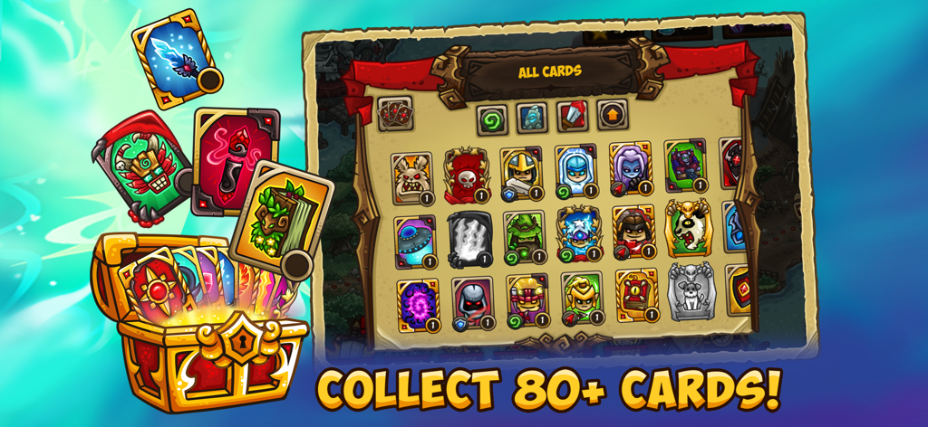 Menú que muestra una variedad de cartas coleccionables de personajes de fantasía y un cofre del tesoro en Booblyc TD