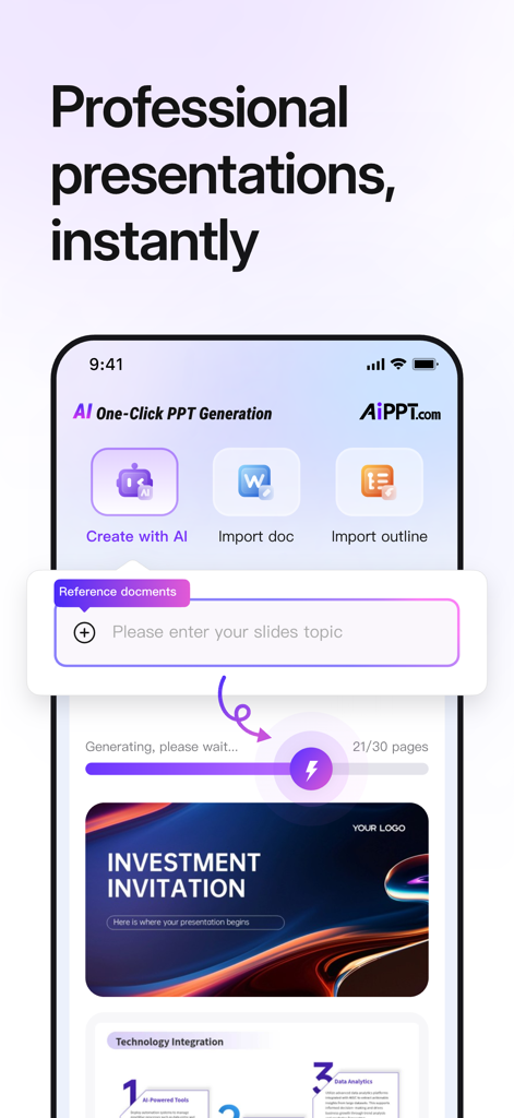 AiPPT- AI Presentation Maker - 텍스트 프롬프트에서 즉시 전문 프레젠테이션 슬라이드를 AI로 생성하는 AiPPT 앱의 모바일 인터페이스.