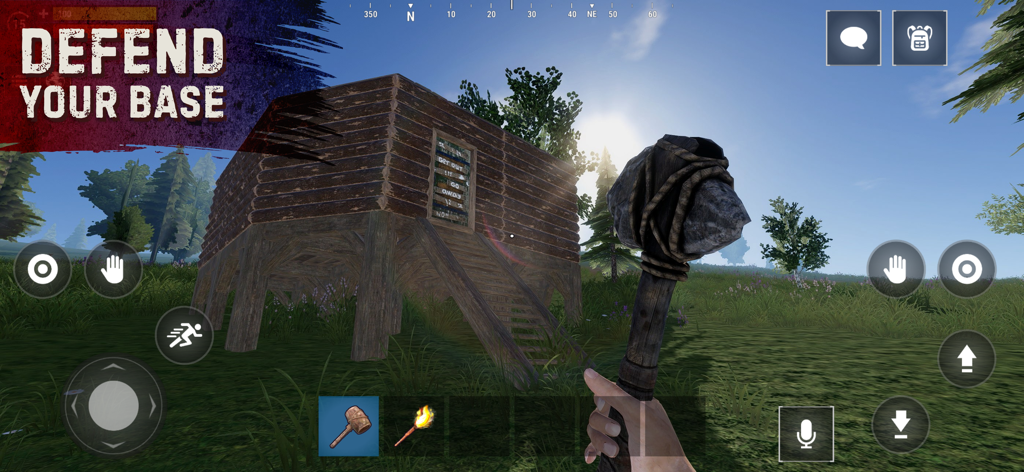 First person view of a character holding a stone hammer in front of a wooden cabin with the text defend your base