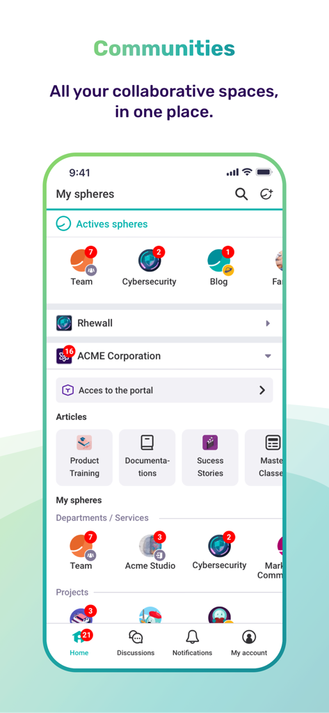Interface de l'application Whaller présentant des sphères de collaboration organisées et des espaces communautaires