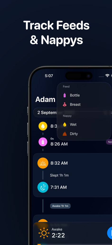 Baby Sleep Tracker Wake Wise - A mobile interface for the Wake Wise app showing options to log baby feeding sessions and diaper changes