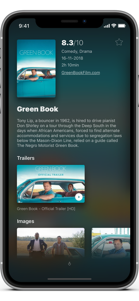 The Movie Finder - Detailed view of a movie in The Movie Finder app showing rating synopsis and trailer