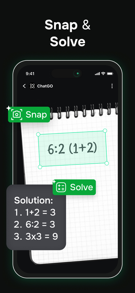 ChatGO: AI Chat 5.0 Assistant - ChatGO KI-App, die eine mathematische Gleichung Schritt für Schritt aus einem Foto eines Notizbuchs löst