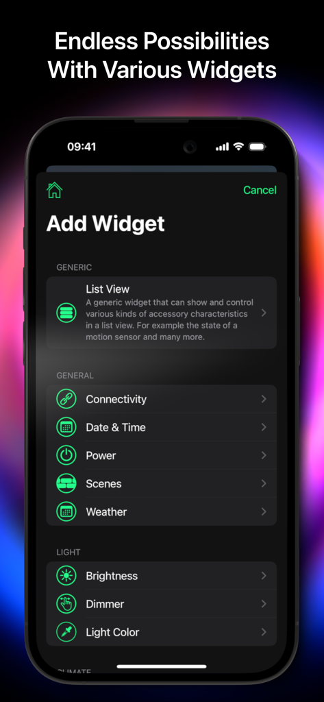 HomeDash - Add widget menu in the HomeDash app showing various smart home control options.
