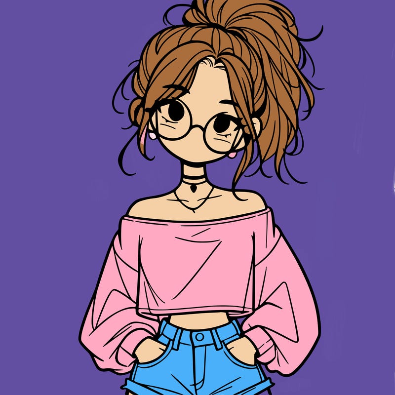 girl with a messy ponytail glasses a baggy crop top and jean shorts