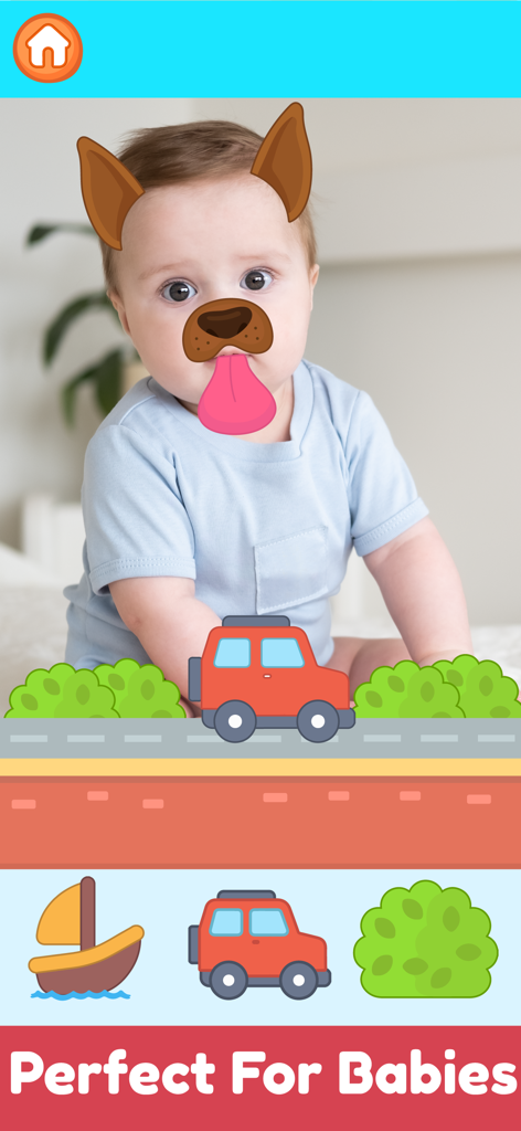Baby Smart Phone app simulated video call with puppy face filter and interactive car game