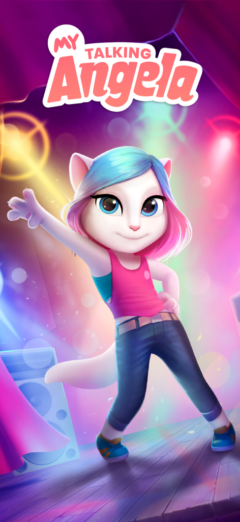 My Talking Angela - Angela the cat performing as a virtual star on a brightly lit stage in a stylish pink outfit