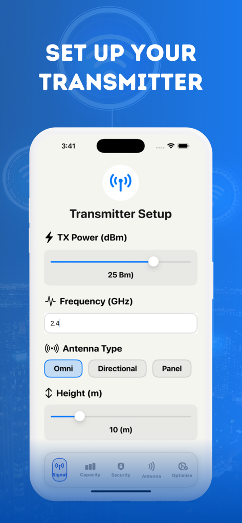 Écran de configuration de l'émetteur de l'application Wifi Map plus montrant les options de fréquence de puissance et de type d'antenne