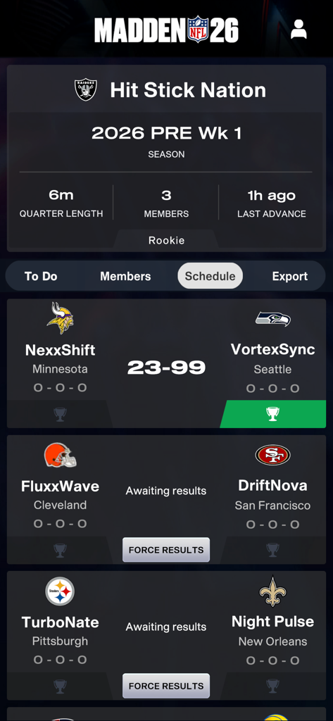 Madden NFL 26 Companion app interface showing a franchise league schedule with matchup scores and game statuses.
