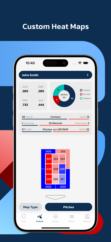 A mobile app interface showing a baseball player's strike zone heat map with detailed pitching statistics and pitch type breakdown.