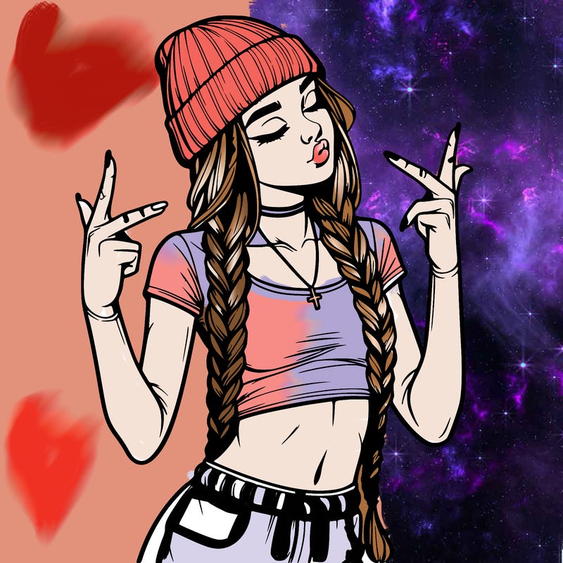 realistic teenage girl with braids and a beanie and crop top doing 🫶🏼