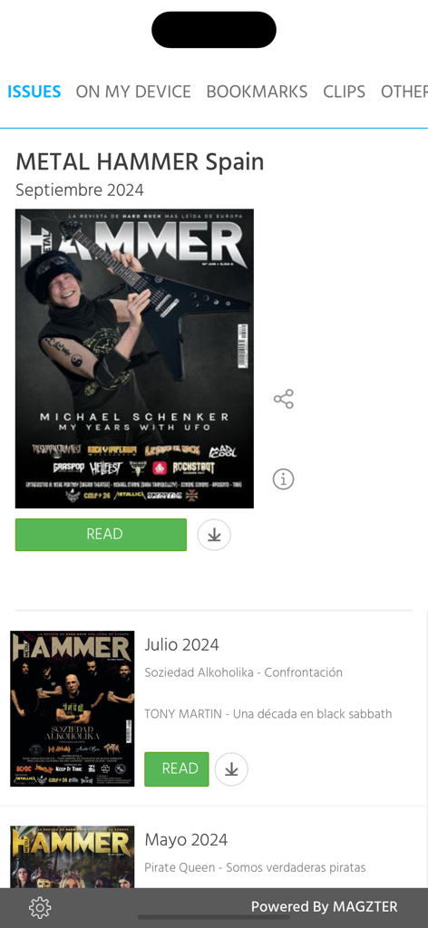 Metal Hammer Spain digital magazine app interface showing multiple monthly issues with band covers and read buttons.