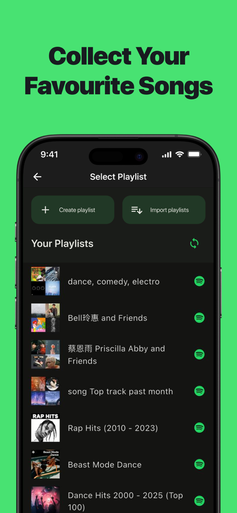 Music Stats for Spotify Song - Una pantalla para seleccionar y gestionar playlists de Spotify dentro de la aplicación Music Stats.