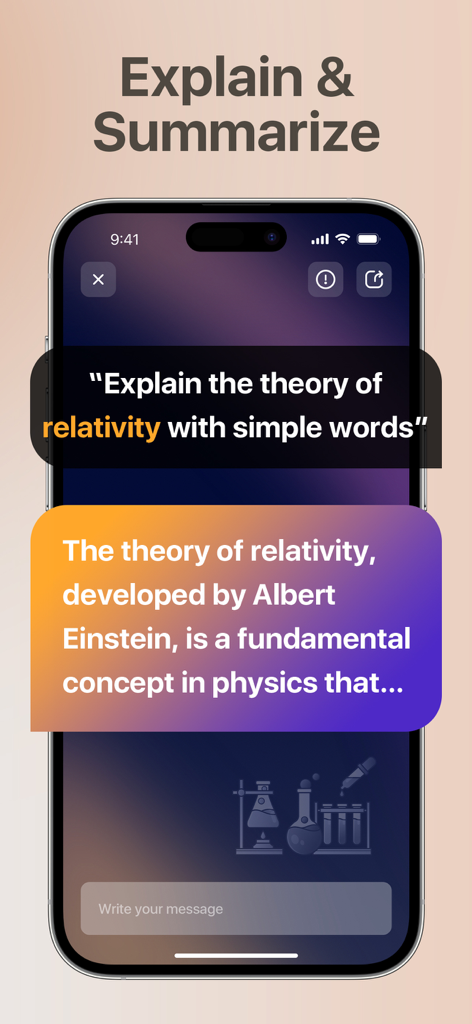 ChatMind - Instant AI Chat Bot - ChatMind AI app interface explaining the theory of relativity in simple words