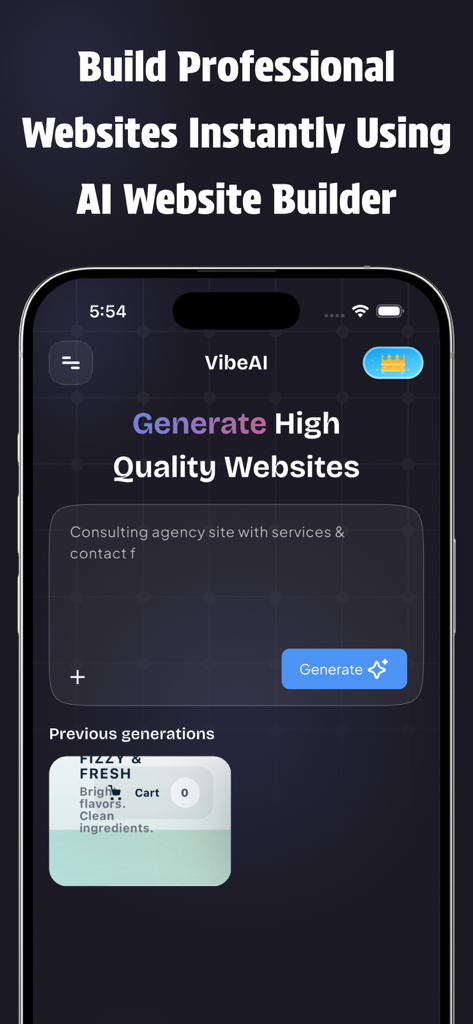 Smartphone screen showing the VibeAI app interface for generating websites from text prompts.