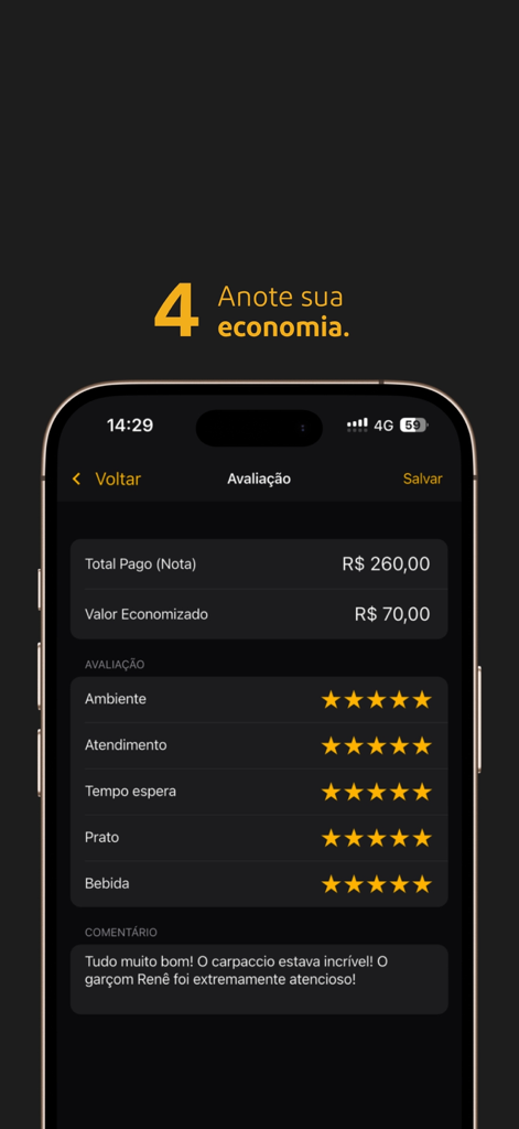Tela do aplicativo Prime Gourmet Club mostrando uma avaliação de restaurante com cinco estrelas e um resumo do dinheiro economizado