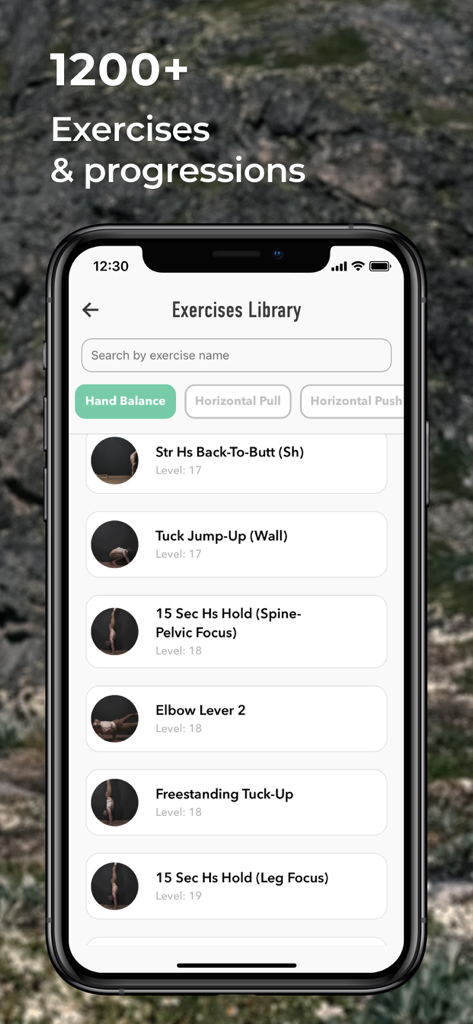 Berg Movement - Berg Movement app screen showing the exercise library with various calisthenics and hand balancing progressions