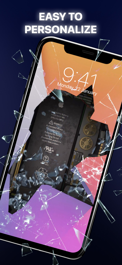Gravity - Live Wallpapers 3D - A 3D broken glass wallpaper on an iPhone displaying internal hardware components