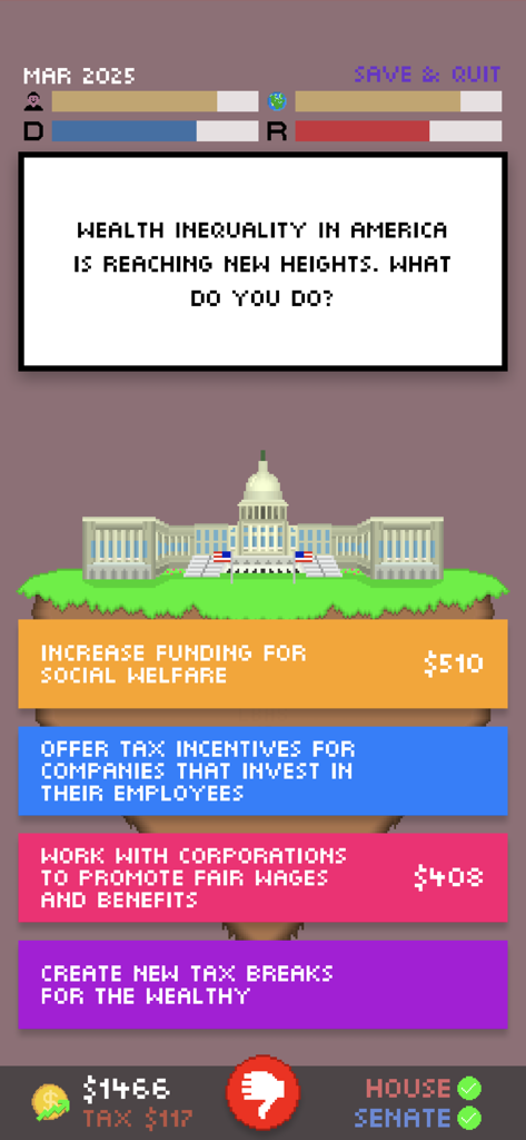 Impeached 2 - A pixel art gameplay screen from the mobile game Impeached 2 showing a political decision about wealth inequality in America