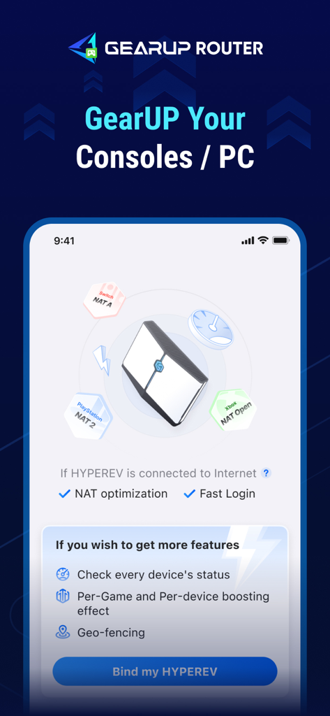 GearUP Router app interface showing HYPEREV hardware binding for console NAT optimization and geofencing