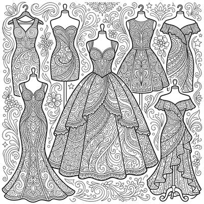 Step into a world of fashion and intricate design with this stunning Zentangle party dresses coloring page. Explore elegant gowns and vibrant patterns, perfect for a relaxing and creative escape.