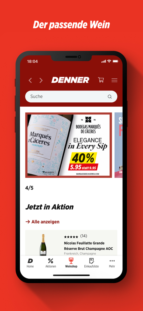 Denner – Aktionen und Weinshop - The Denner mobile app Weinshop interface showing current wine promotions and featured champagne listings