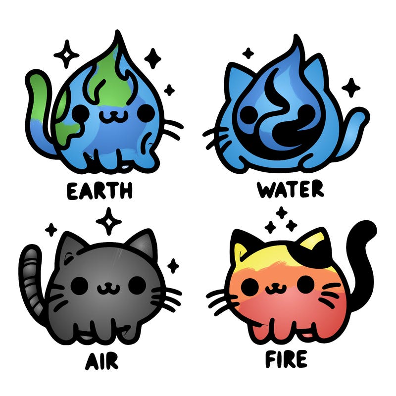 4 cats that represent the different elements, earth, water, air, and fire