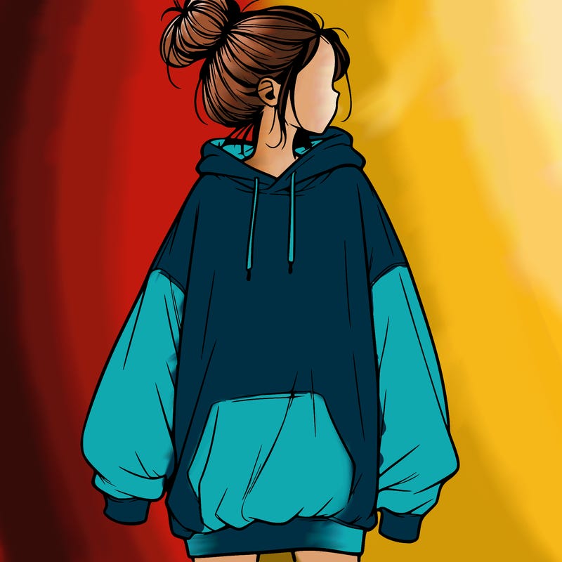 realistic girl with a oversized sweatshirt on and a bun