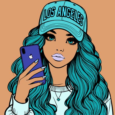 realistic beautiful girl wearing los ángeles cap holding an iphone