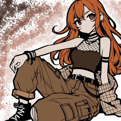 anime girl with a crop top and ripped jeans