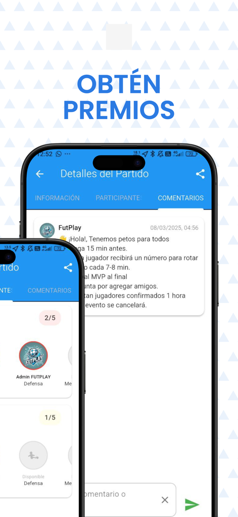 Interface of the FUTPLAY app showing soccer match details and community rewards.