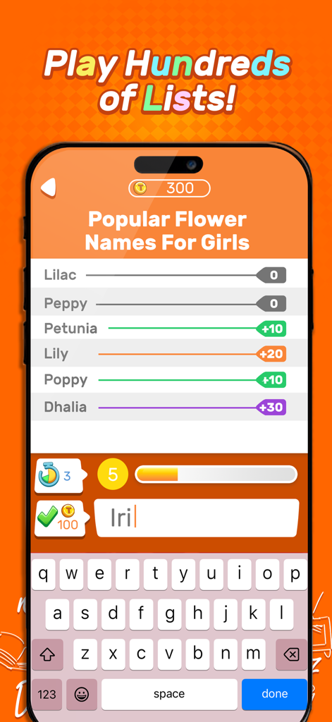 That's so...Trivia - Trivia game screen for popular girl flower names