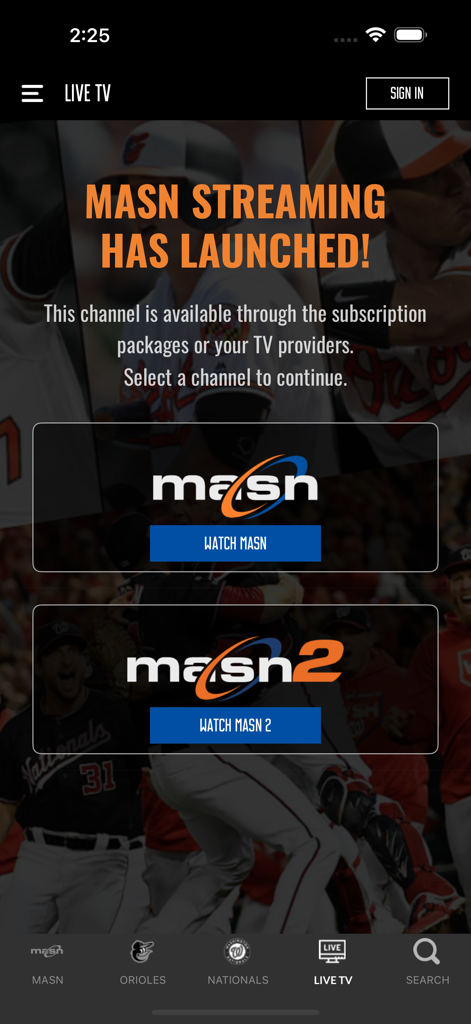 MASN - MASN app live TV selection screen showing watch options for MASN and MASN 2 channels