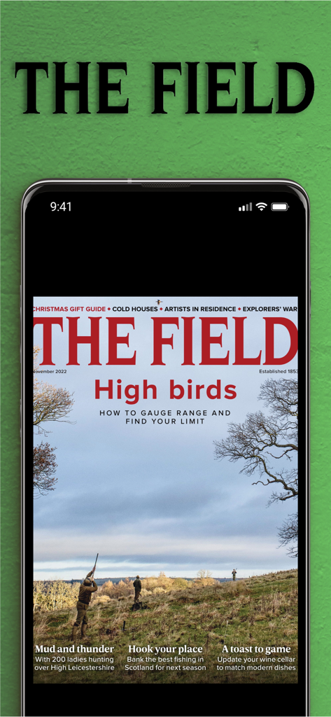 The Field Magazine INT - iPhone screen displaying The Field Magazine cover with a bird hunting theme