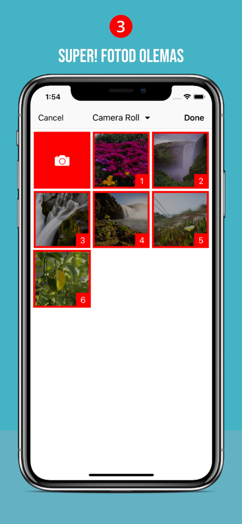 Bildschirm der Photopoint Photoexpress App, der eine Auswahl von Fotos aus einer Kamerarolle zum Drucken anzeigt