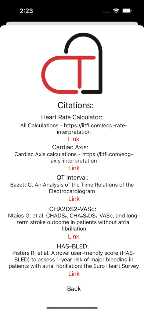 The Cardiac Calculator - Citations screen of the Cardiac Calculator app listing clinical references and medical research links