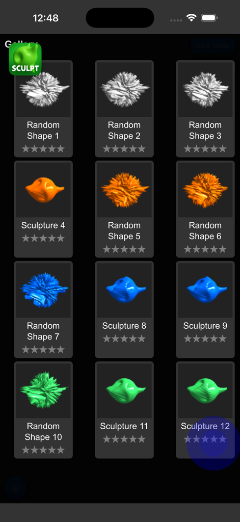 Une vue de galerie dans l'application Sculpt It affichant une collection de sculptures numériques 3D colorées avec des titres et des notes en étoiles