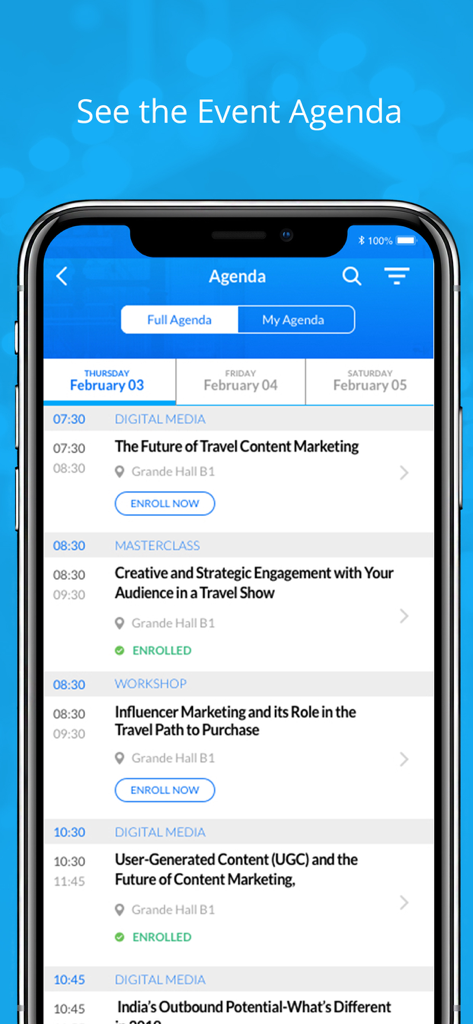 SnapCard - OTM BLTM Event App - SnapCard app interface showing the event agenda and session schedule for travel industry professionals.
