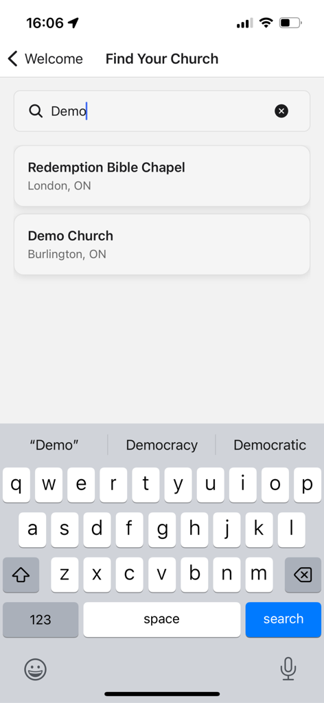 Kaleo AI - Interface for searching and finding a church on the Kaleo AI mobile app
