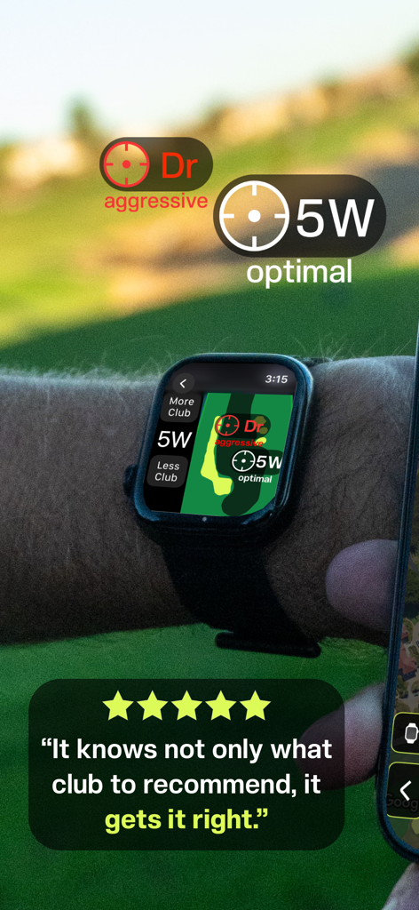 Tangent Golf: GPS Smart Caddie - Tangent Golf app on Apple Watch displaying smart caddie club recommendations for aggressive and optimal shots on a golf course map