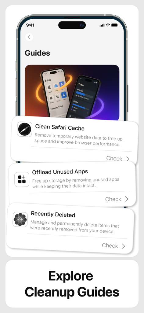 Sweeply - cleaner app - Sweeply app screen showing cleanup guides for Safari cache and unused apps