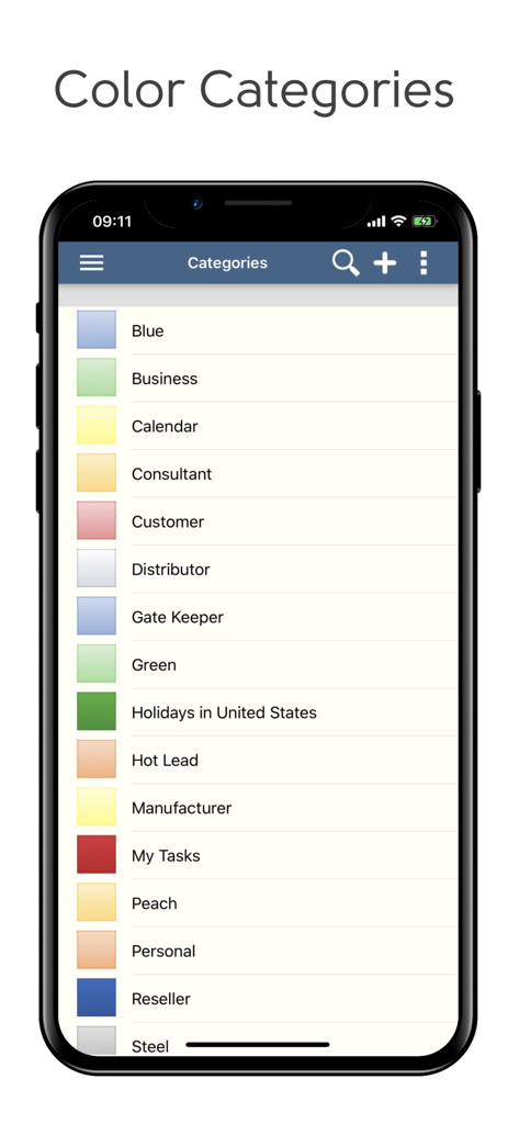 DejaOffice CRM with PC Sync - Captura de pantalla de la aplicación DejaOffice CRM que muestra una lista de categorías codificadas por color para organizar contactos y tareas en un iPhone